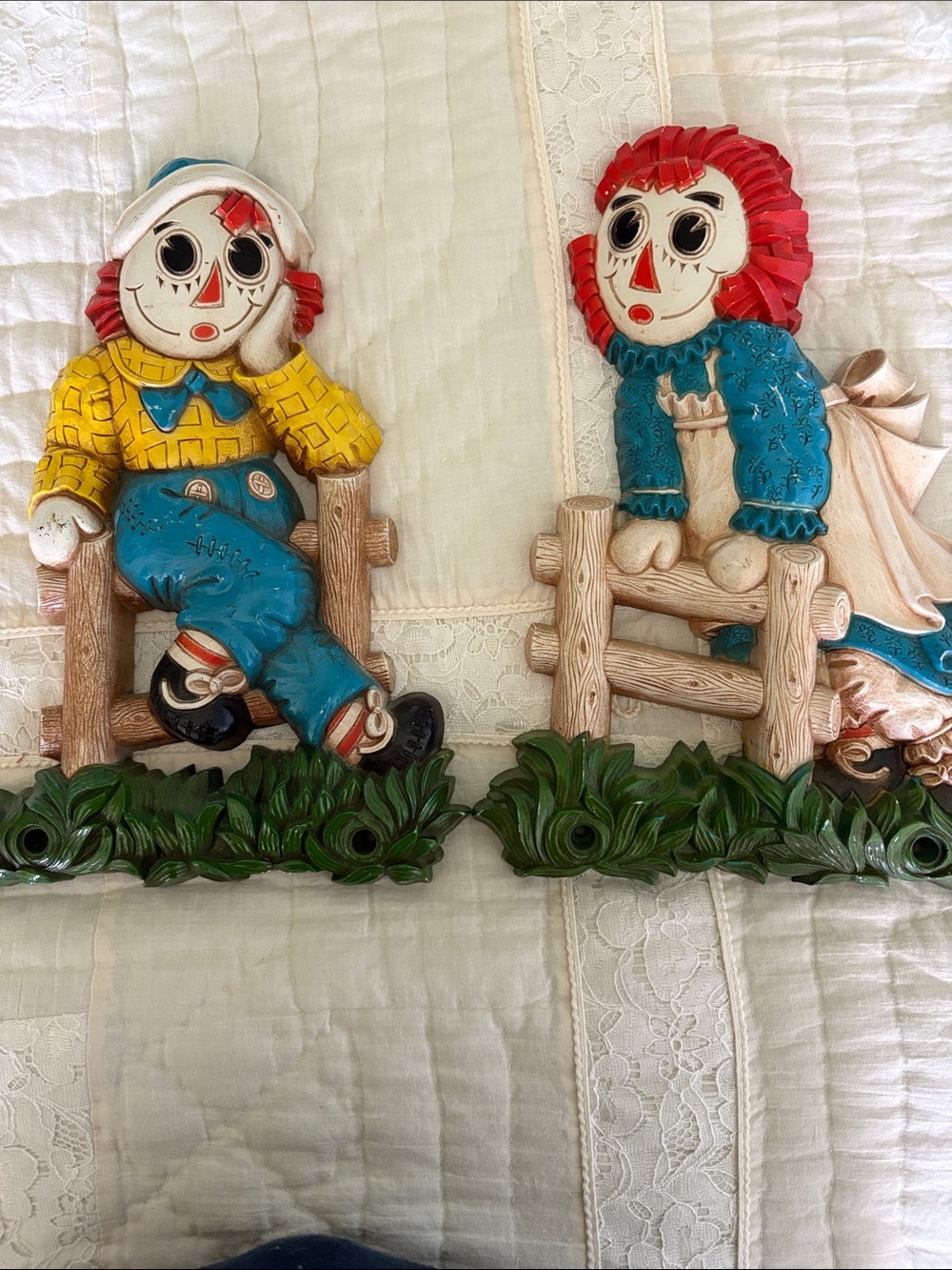 Vintage-Style Raggedy Doll Wall Plaques in Red, Yellow & Blue